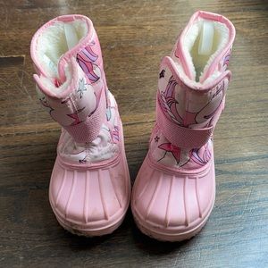 Gently used unicorn snow boots.